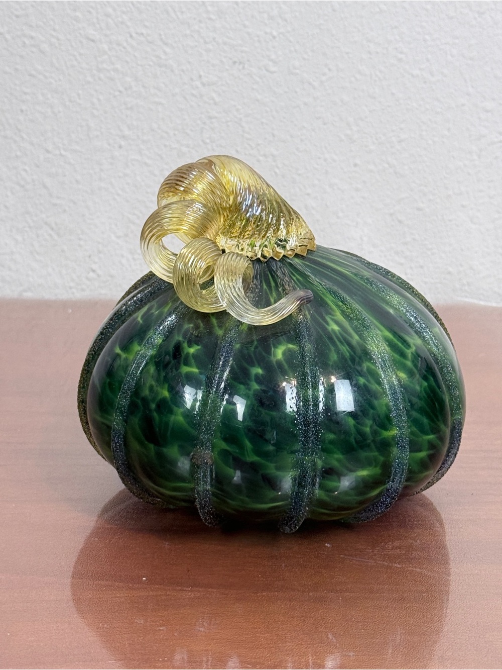Green Swirl Glass Pumpkin with Golden Stem 5:5-inch